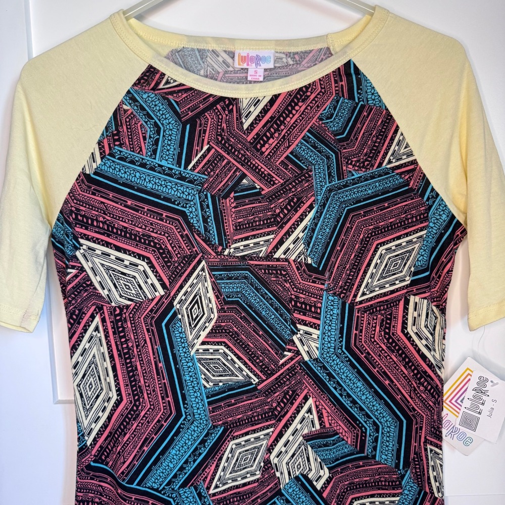 LuLaRoe Julia Shirt Dress Multicolor Geometric w/ Yellow Sleeves Women's Small